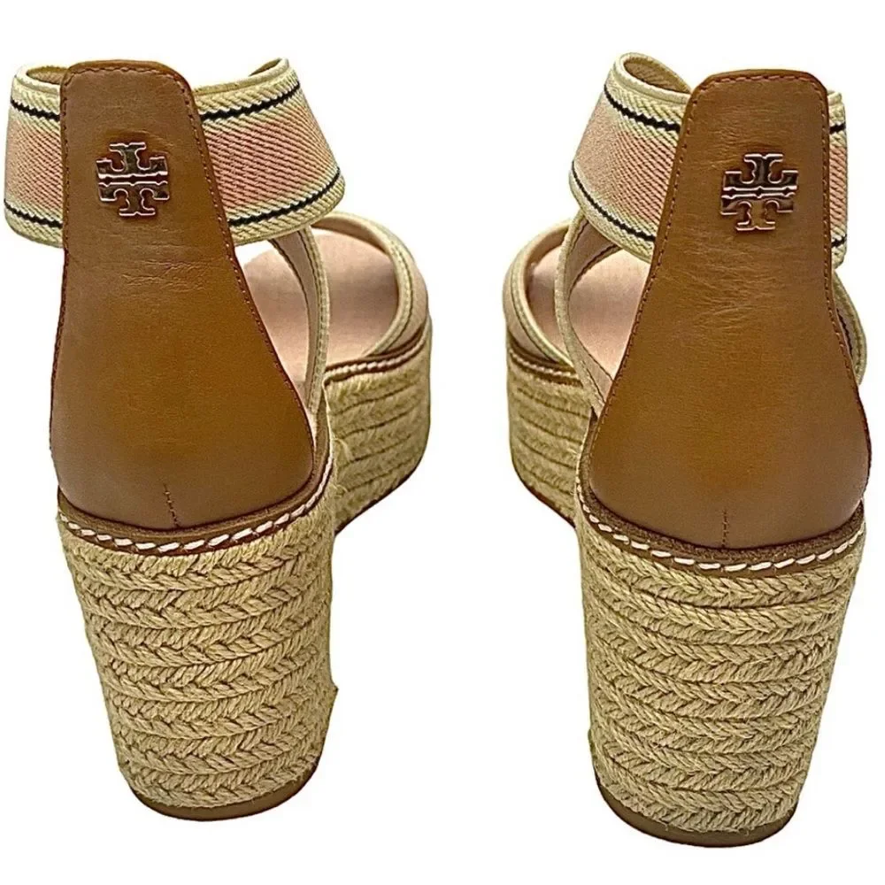 Tory Burch Frieda Espadrille Wedge Sandals Blush Stripe Tan Size 8M